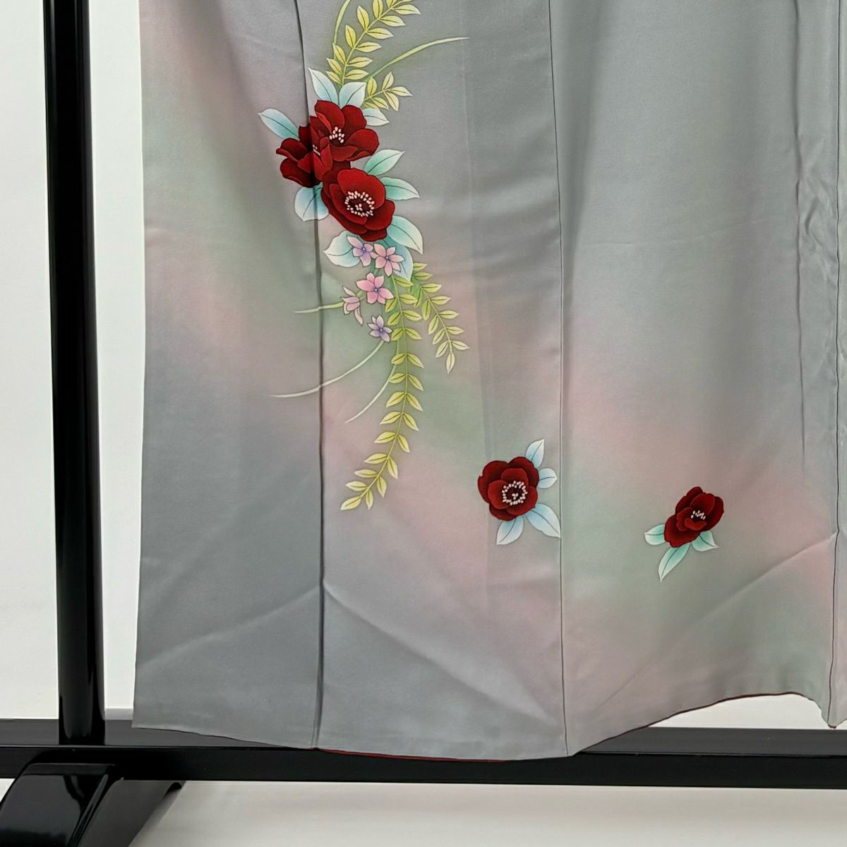 付下 身長155cm 袖長64cm M 雙層 草花紋紋 漸層 灰色 純蠶絲 優品級