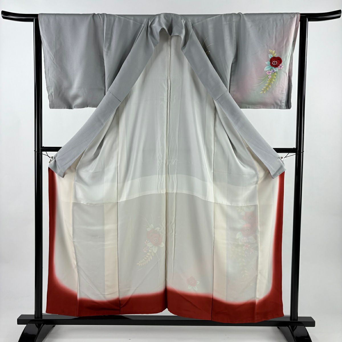 付下 身長155cm 袖長64cm M 雙層 草花紋紋 漸層 灰色 純蠶絲 優品級