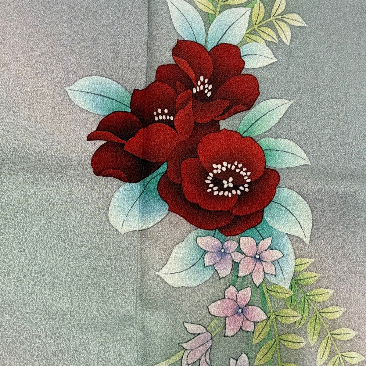 付下 身長155cm 袖長64cm M 雙層 草花紋紋 漸層 灰色 純蠶絲 優品級