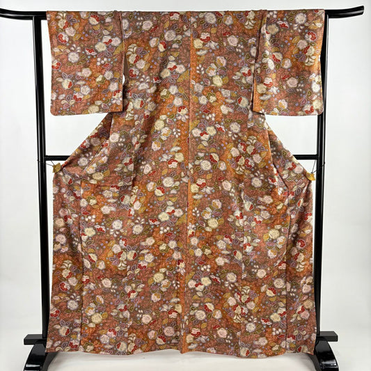 【美品】 小紋 身長165.5cm 袖長65cm M 雙層 辻花染 梅花 金銀彩 漸層 茶 純蠶絲 秀品級