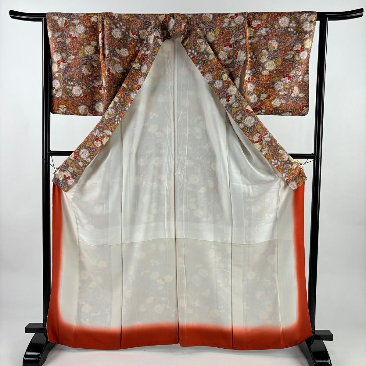 【美品】 小紋 身長165.5cm 袖長65cm M 雙層 辻花染 梅花 金銀彩 漸層 茶 純蠶絲 秀品級