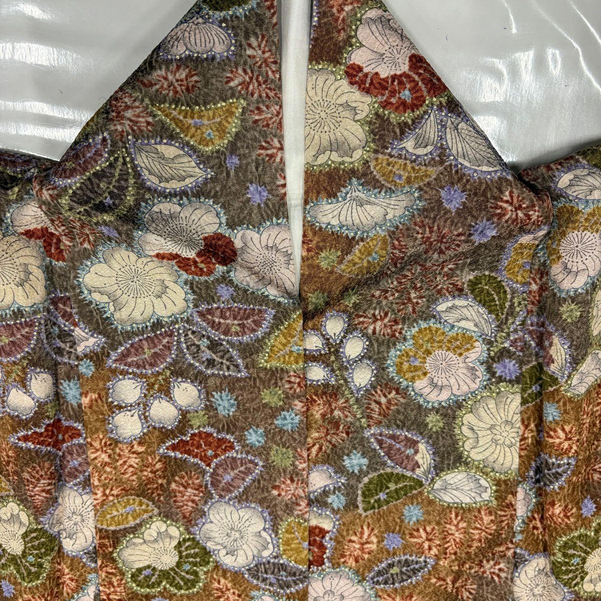 【美品】 小紋 身長165.5cm 袖長65cm M 雙層 辻花染 梅花 金銀彩 漸層 茶 純蠶絲 秀品級