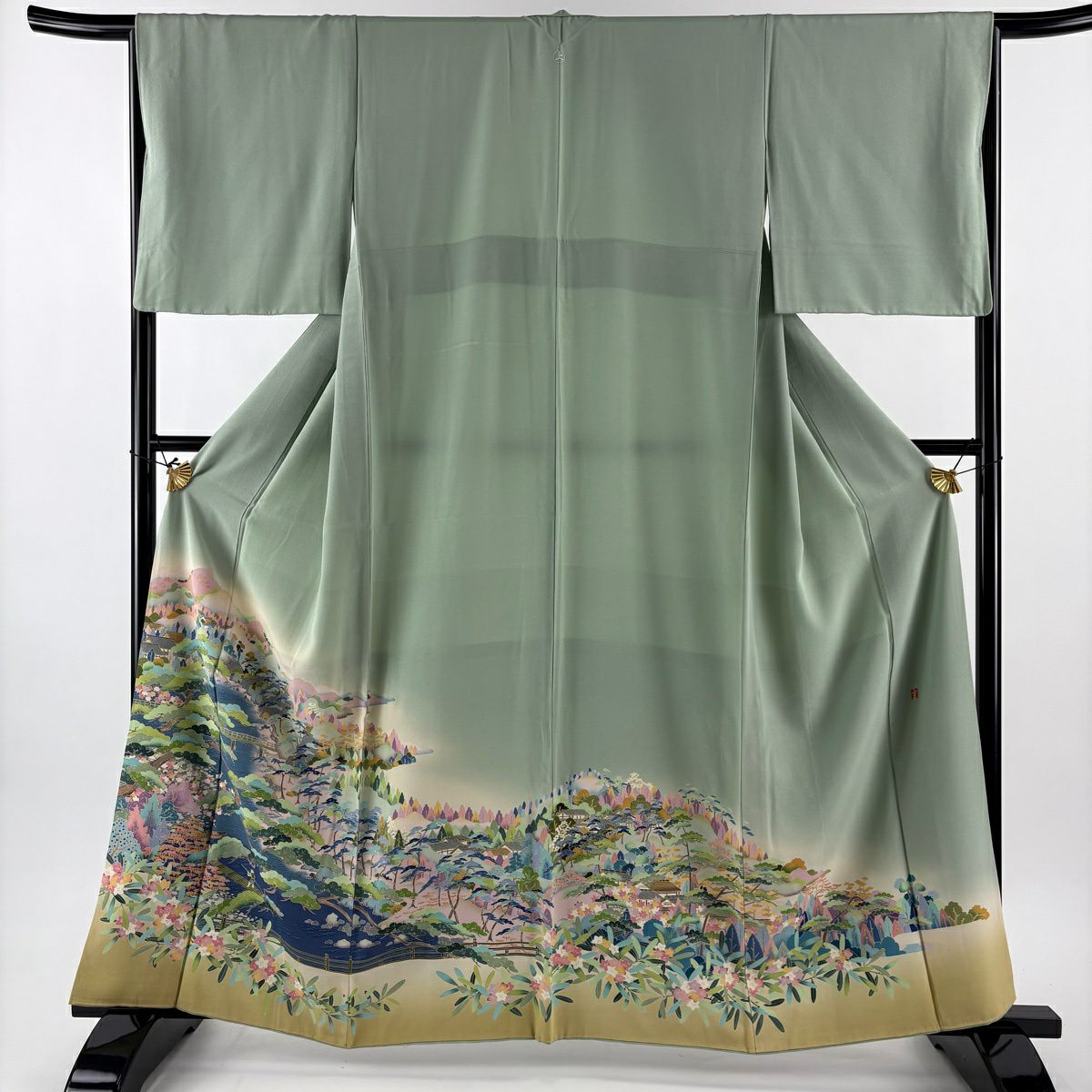 【美品】 色留袖禮服 身長161cm 袖長66cm M 雙層 落款あり 風景 松樹 標染 薄綠 純蠶絲 秀品級 一つ紋