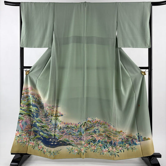 【美品】 色留袖禮服 身長161cm 袖長66cm M 雙層 落款あり 風景 松樹 標染 薄綠 純蠶絲 秀品級 一つ紋