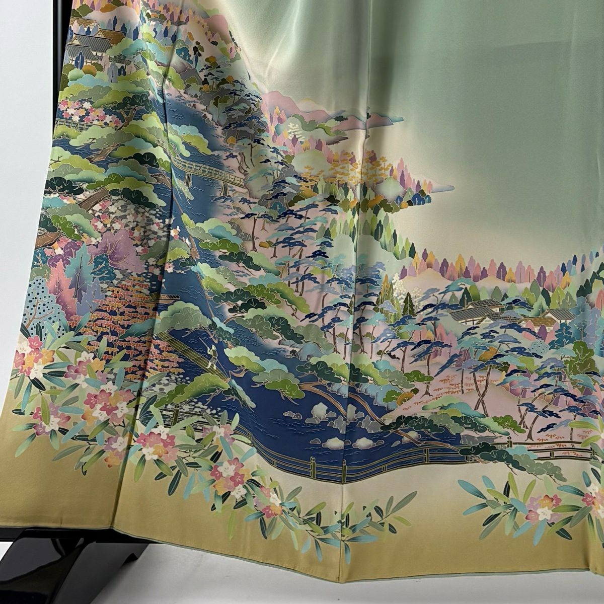 【美品】 色留袖禮服 身長161cm 袖長66cm M 雙層 落款あり 風景 松樹 標染 薄綠 純蠶絲 秀品級 一つ紋
