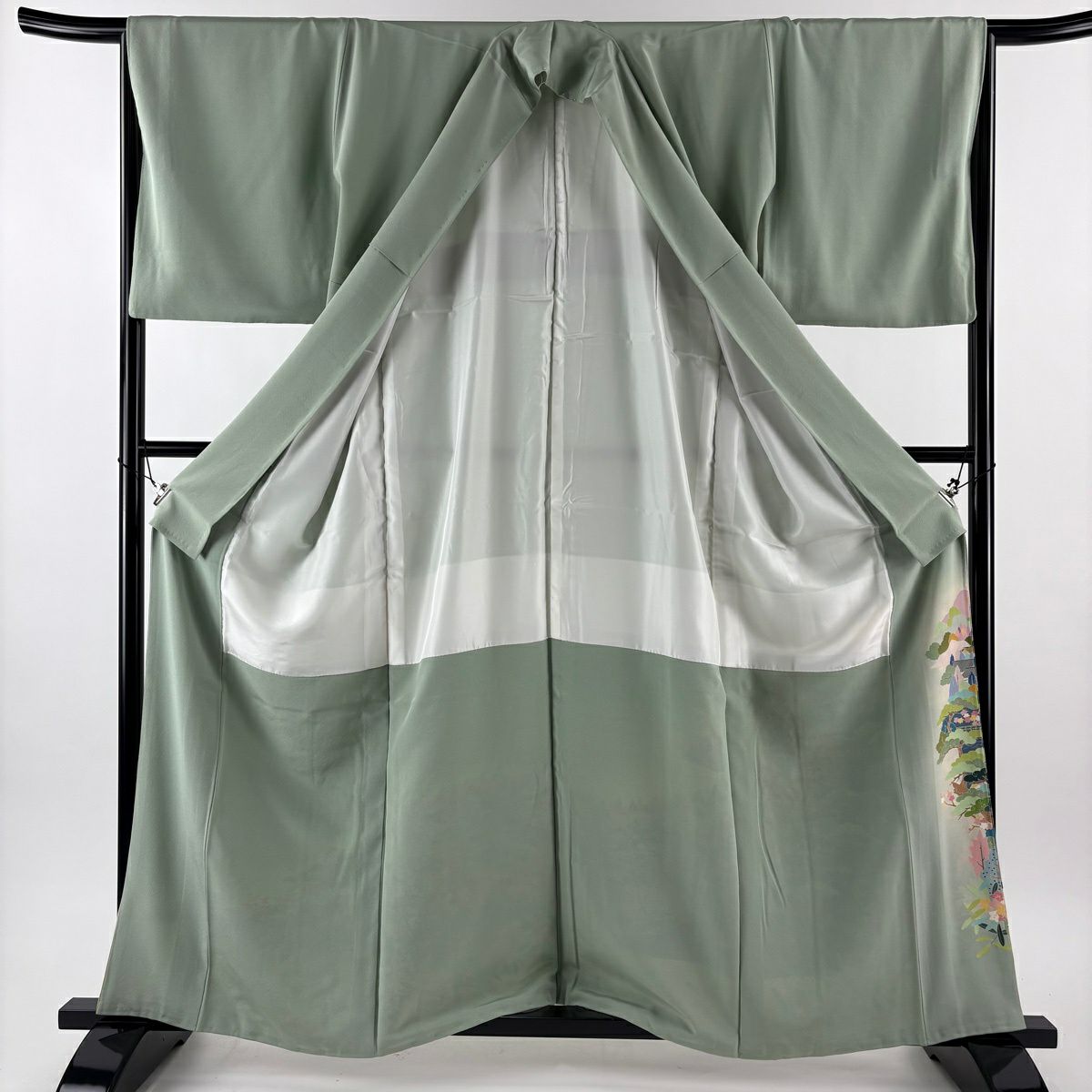 【美品】 色留袖禮服 身長161cm 袖長66cm M 雙層 落款あり 風景 松樹 標染 薄綠 純蠶絲 秀品級 一つ紋
