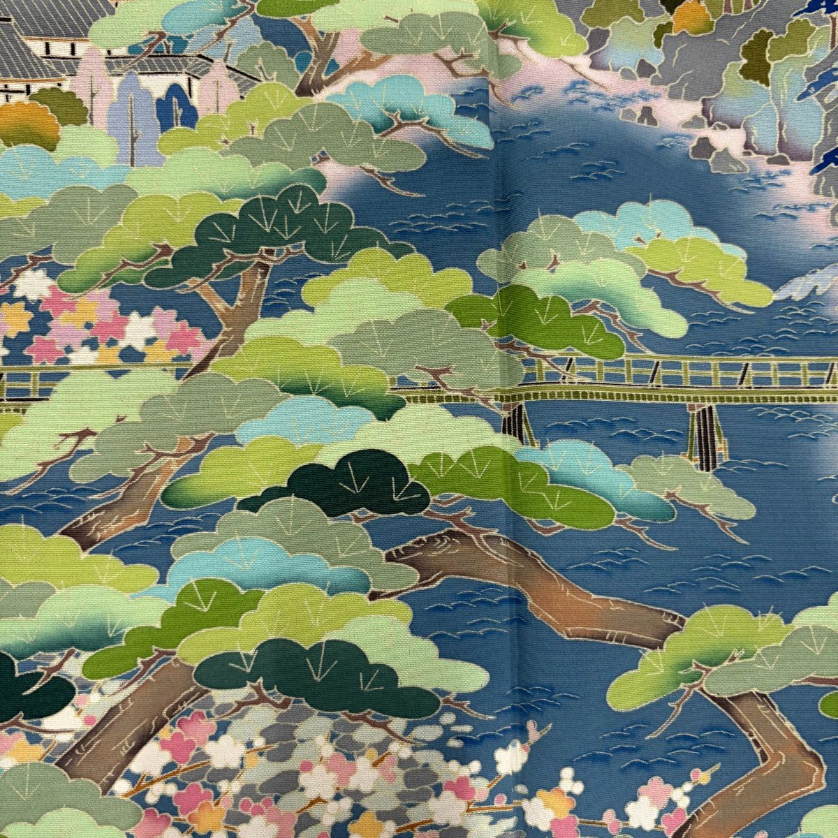 【美品】 色留袖禮服 身長161cm 袖長66cm M 雙層 落款あり 風景 松樹 標染 薄綠 純蠶絲 秀品級 一つ紋