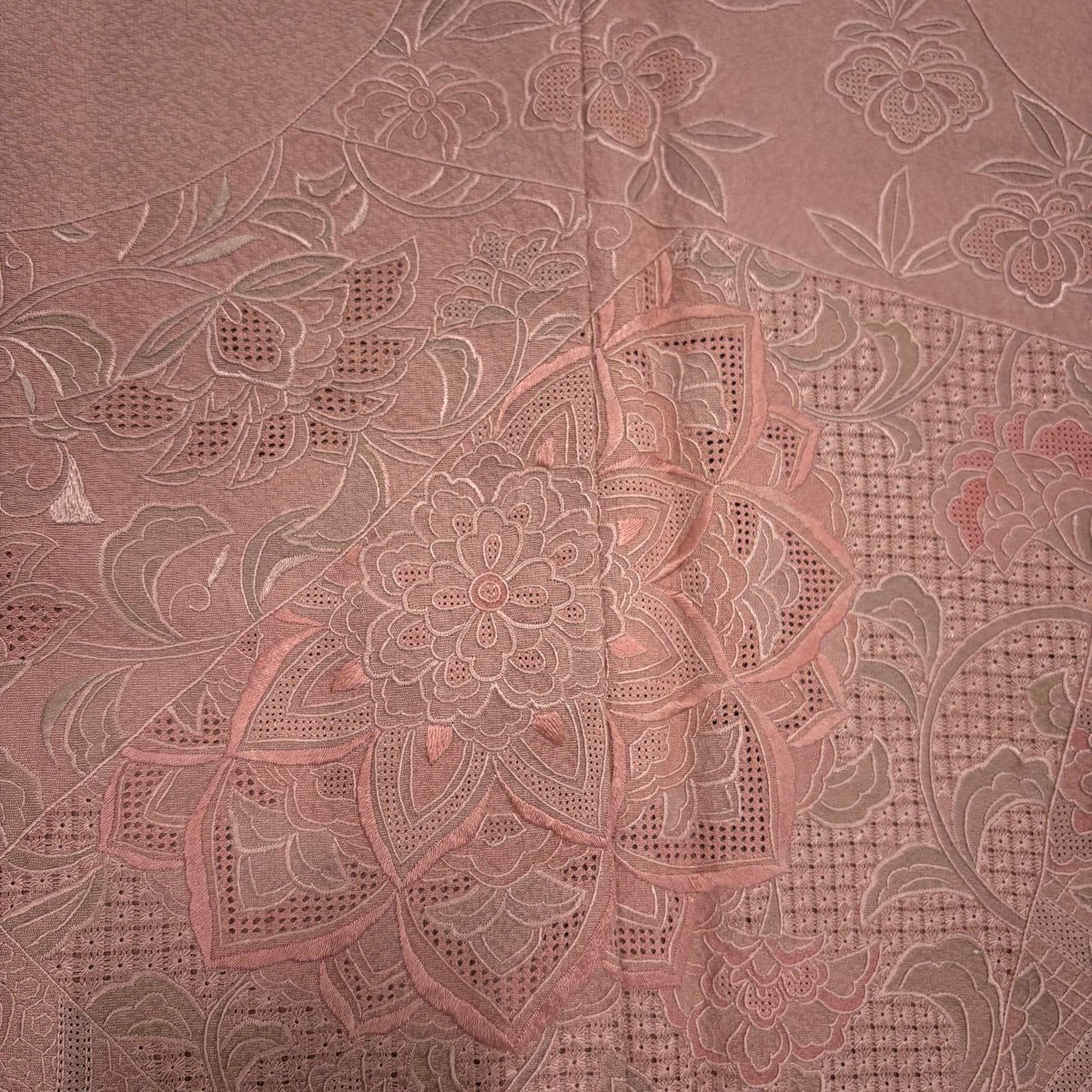 付下 身長157cm 袖長64cm M 雙層 華紋 草花紋紋 蘇州刺繡 粉紅 純蠶絲 秀品級 一個紋