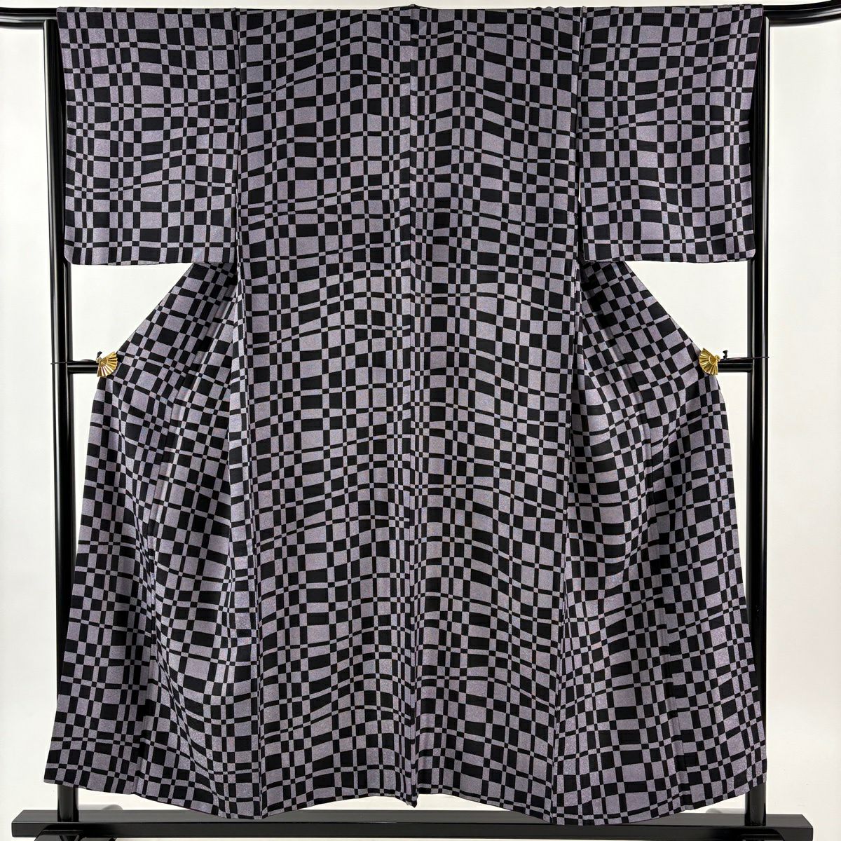 【美品】 小紋 身長153cm 袖長64.5cm M 雙層 變化市松樹 鮫 紫 純蠶絲 名品級