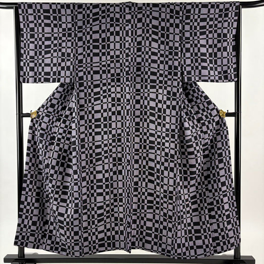 【美品】 小紋 身長153cm 袖長64.5cm M 雙層 變化市松樹 鮫 紫 純蠶絲 名品級