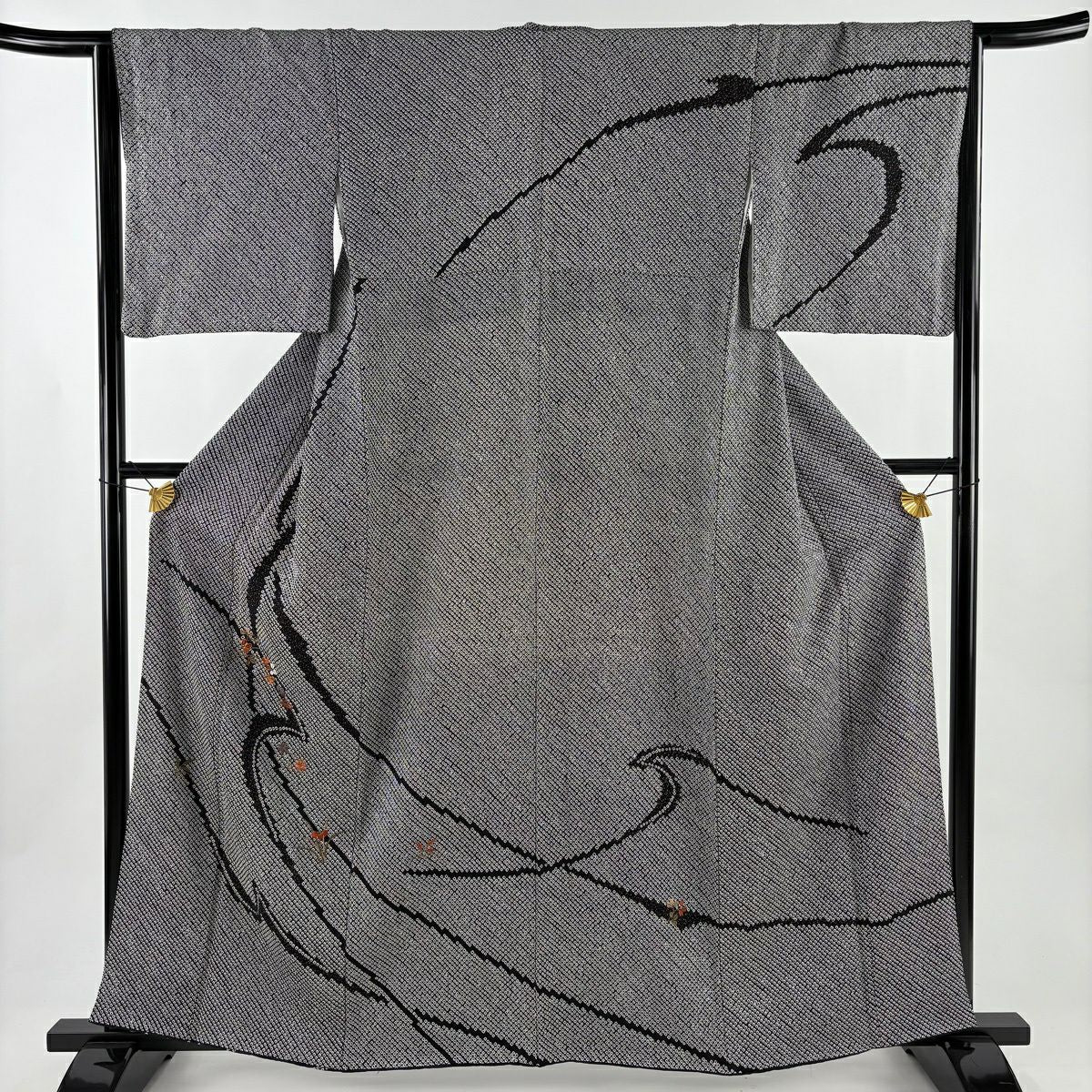 【美品】訪問服 身長159.5cm 袖長65.5cm M 雙層 萩 楓 總絞染 刺繡 黑 純蠶絲 名品級