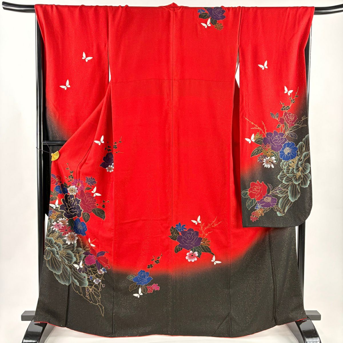 【美品】振袖禮服 身長166.5cm 袖長68.5cm L 雙層 薔薇 草花紋 金通 金銀彩 紅 純蠶絲 名品級