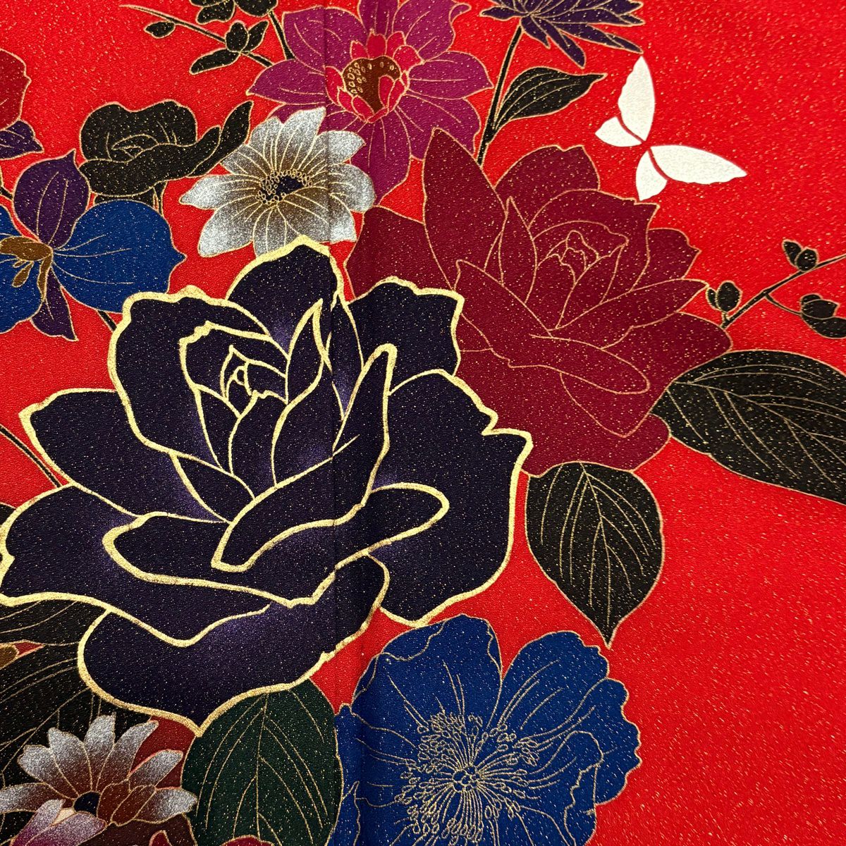 【美品】振袖禮服 身長166.5cm 袖長68.5cm L 雙層 薔薇 草花紋 金通 金銀彩 紅 純蠶絲 名品級