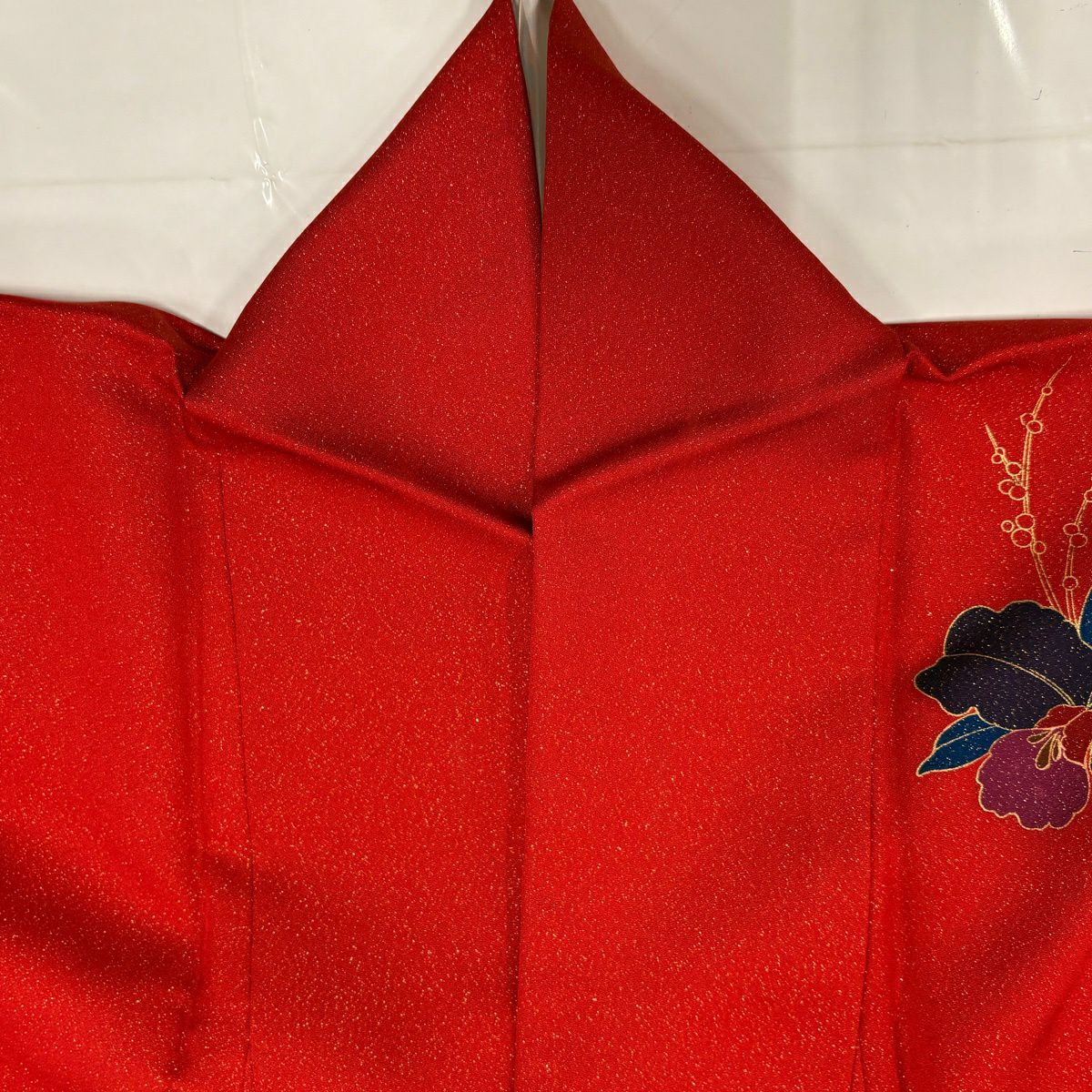 【美品】振袖禮服 身長166.5cm 袖長68.5cm L 雙層 薔薇 草花紋 金通 金銀彩 紅 純蠶絲 名品級
