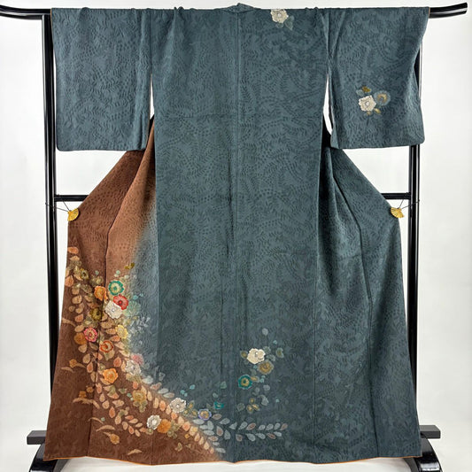 訪問服 身長166cm 袖長68cm L 雙層 辻花染圖案 地紋 漸變 染分 焦茶 純蠶絲 名品級