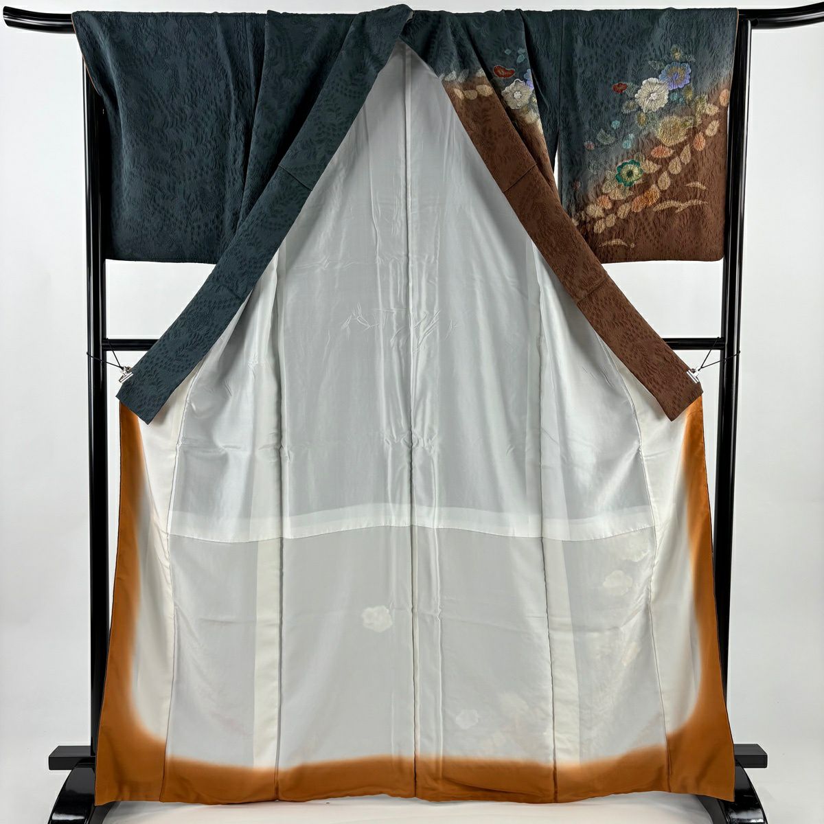 訪問服 身長166cm 袖長68cm L 雙層 辻花染圖案 地紋 漸變 染分 焦茶 純蠶絲 名品級