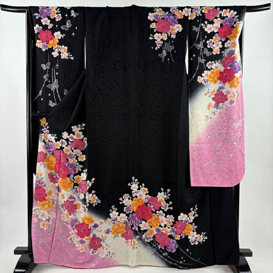 【美品】振袖禮服 身長166cm 袖長67.5cm L 雙層 櫻花 蝴蝶 金銀彩 金金箔 黑 純蠶絲 名品級