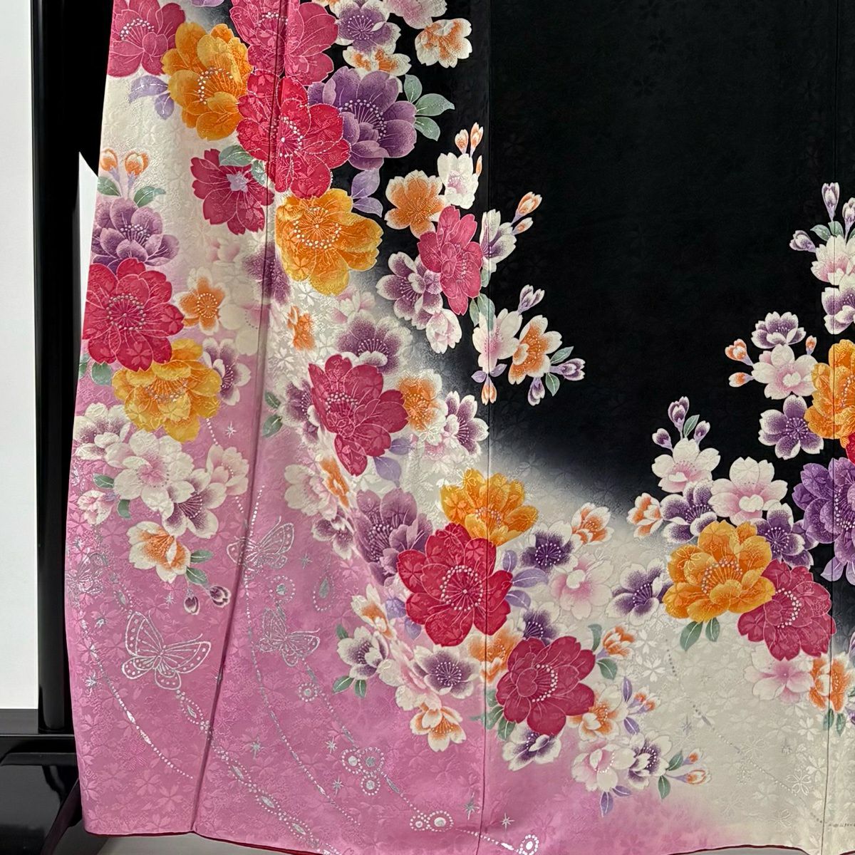【美品】振袖禮服 身長166cm 袖長67.5cm L 雙層 櫻花 蝴蝶 金銀彩 金金箔 黑 純蠶絲 名品級