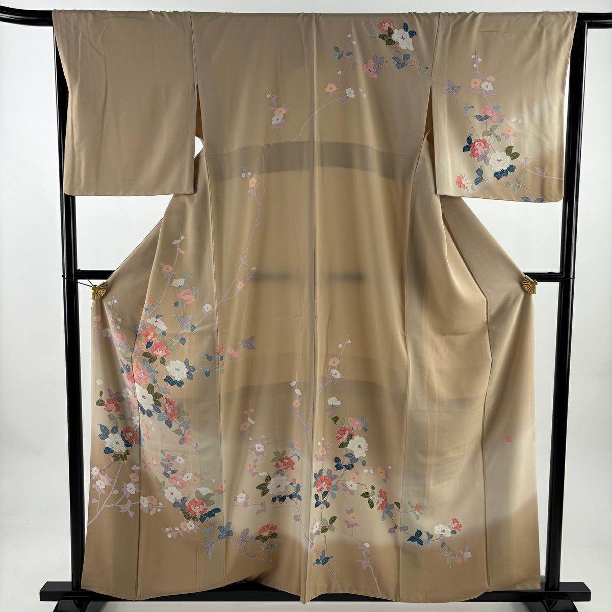 訪問服 身長158.5cm 袖長66cm M 雙層 落款あり 枝花 ぼかし 薄茶 純蠶絲 名品級