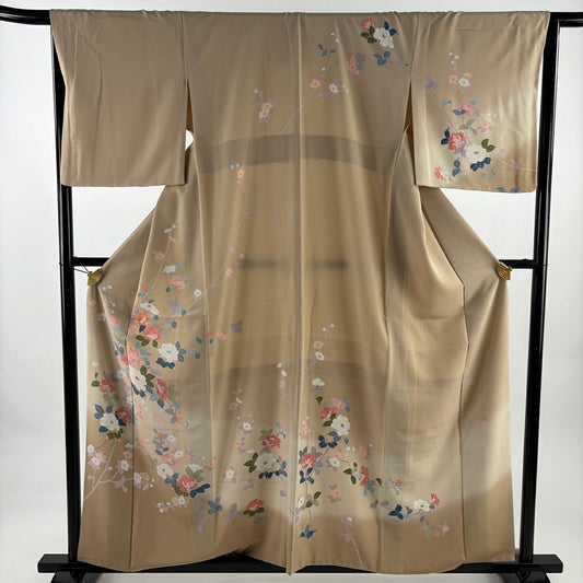 訪問服 身長158.5cm 袖長66cm M 雙層 落款あり 枝花 ぼかし 薄茶 純蠶絲 名品級