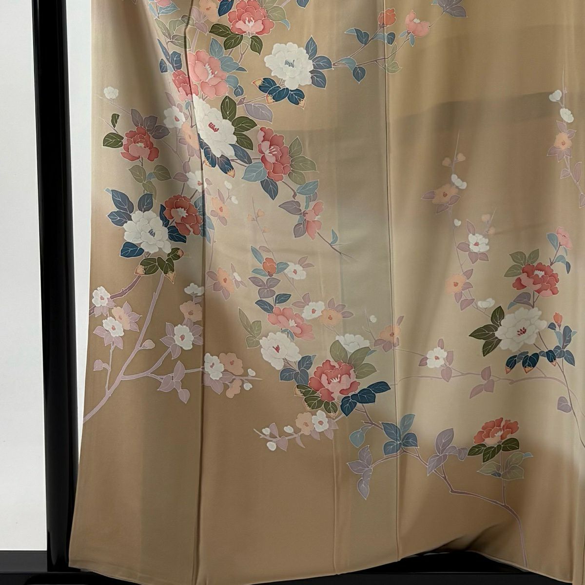 訪問服 身長158.5cm 袖長66cm M 雙層 落款あり 枝花 ぼかし 薄茶 純蠶絲 名品級