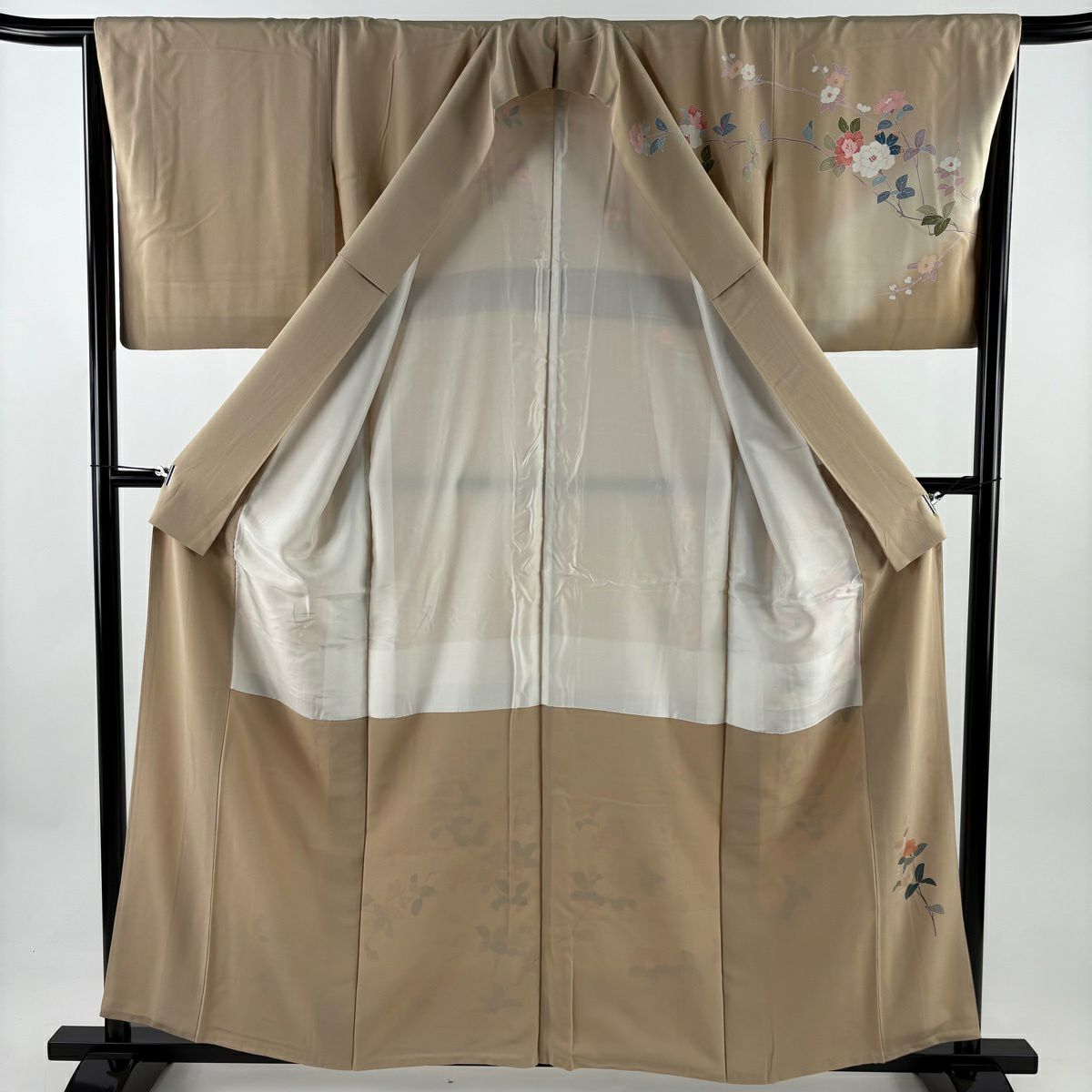 訪問服 身長158.5cm 袖長66cm M 雙層 落款あり 枝花 ぼかし 薄茶 純蠶絲 名品級