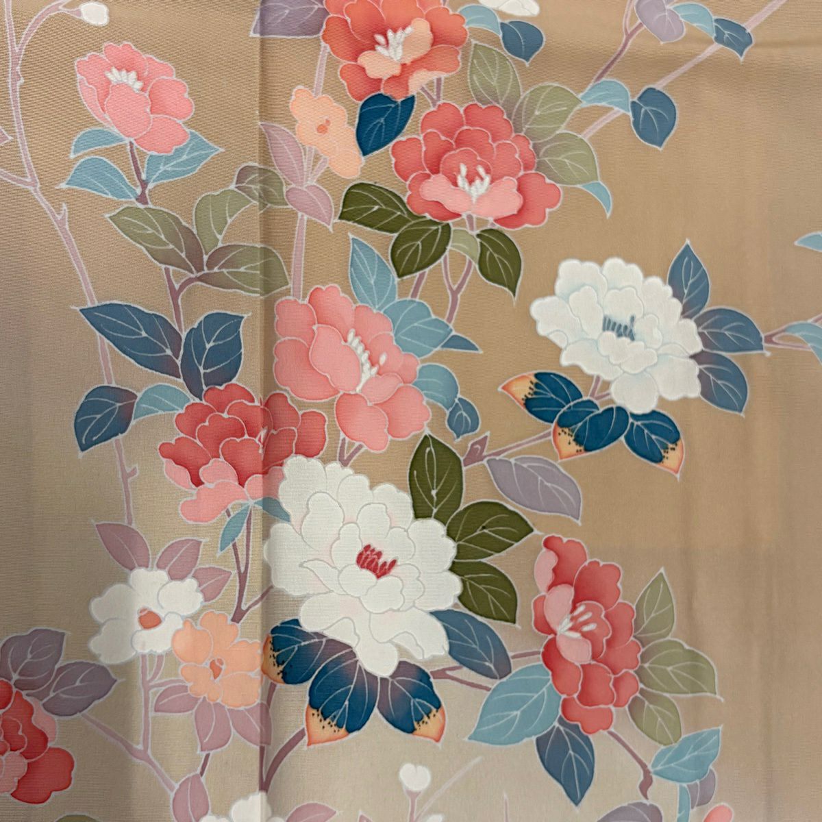 訪問服 身長158.5cm 袖長66cm M 雙層 落款あり 枝花 ぼかし 薄茶 純蠶絲 名品級