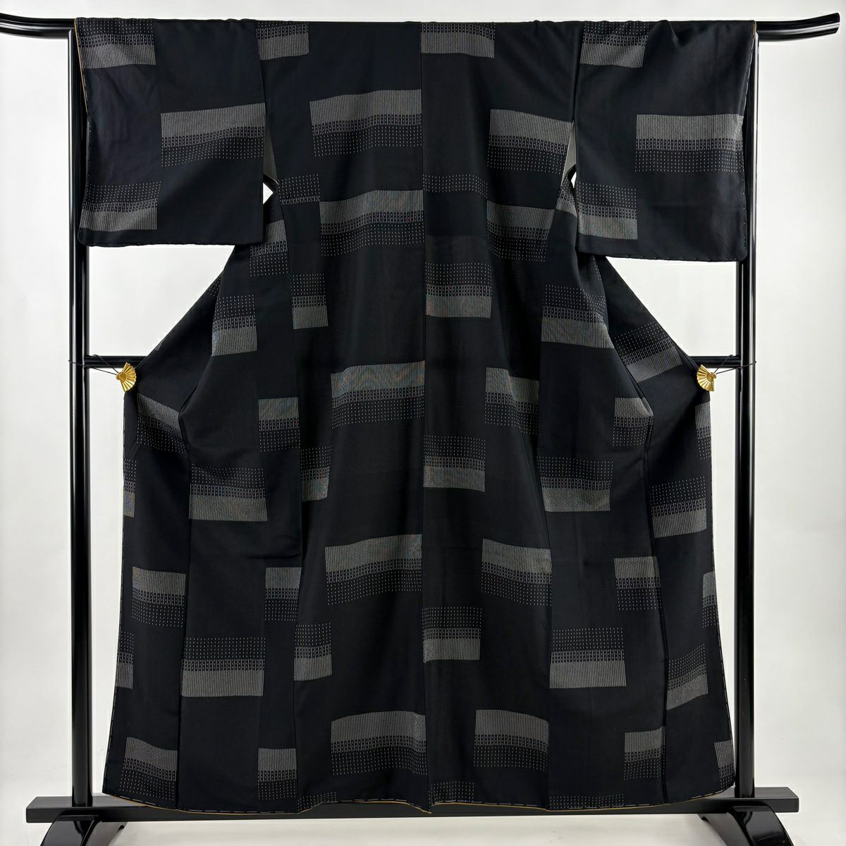 【美品】 紬織 身長159.5cm 袖長66.5cm M 雙層 大和 縱條 幾何圖案 黑 純蠶絲 名品級