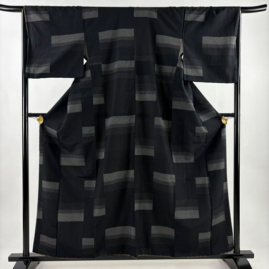 【美品】 紬織 身長159.5cm 袖長66.5cm M 雙層 大和 縱條 幾何圖案 黑 純蠶絲 名品級