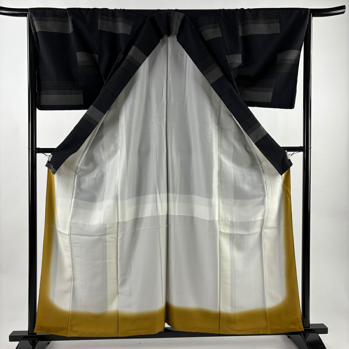 【美品】 紬織 身長159.5cm 袖長66.5cm M 雙層 大和 縱條 幾何圖案 黑 純蠶絲 名品級