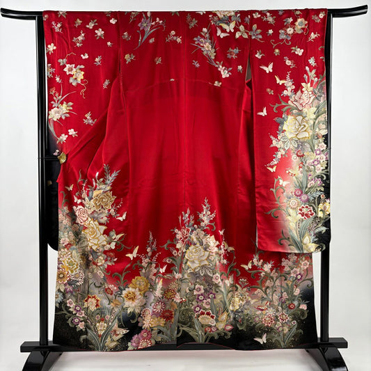 振袖禮服 身長159cm 袖長64.5cm M 雙層 薔薇 蝶 金絲 金銀彩 紅 純蠶絲 名品級