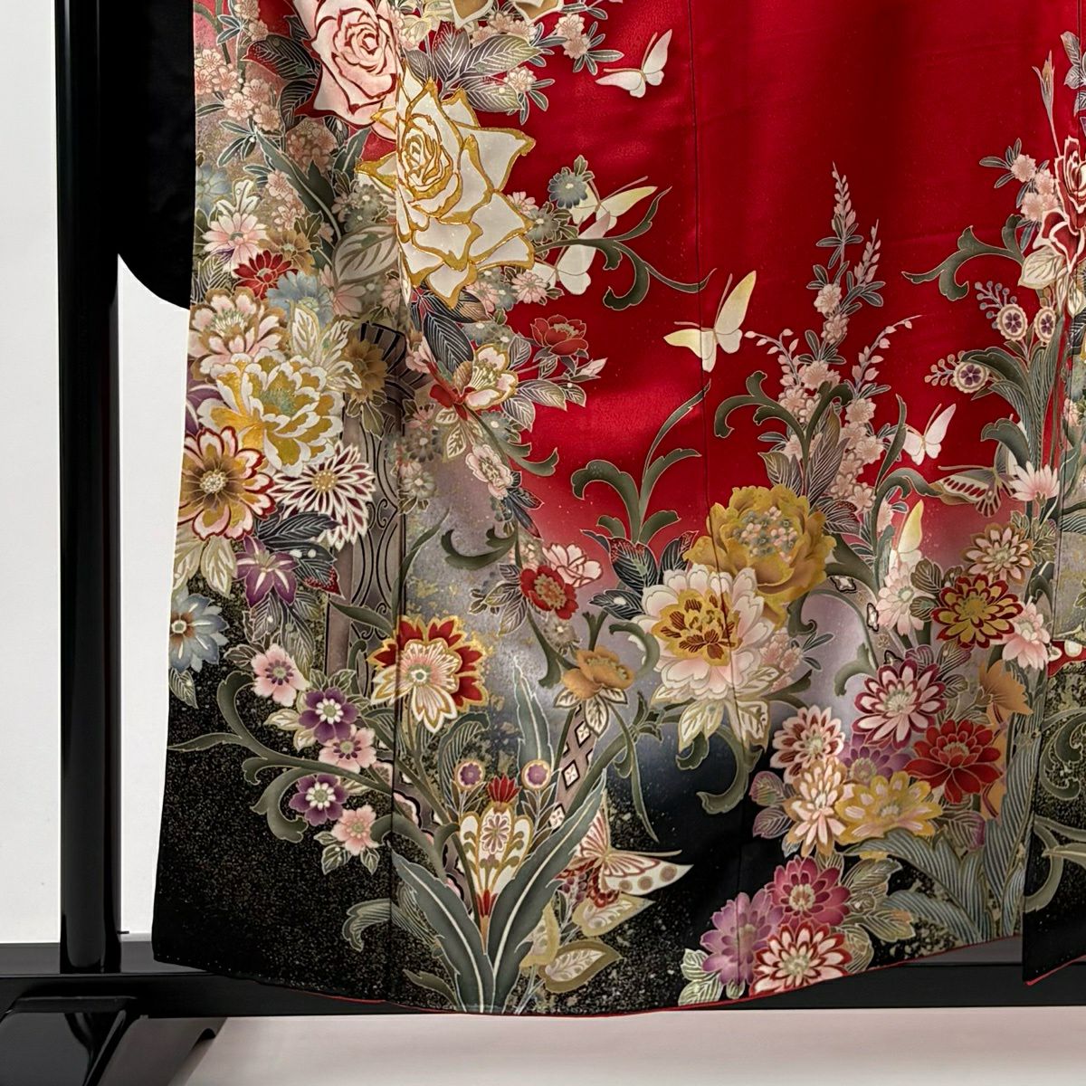 振袖禮服 身長159cm 袖長64.5cm M 雙層 薔薇 蝶 金絲 金銀彩 紅 純蠶絲 名品級