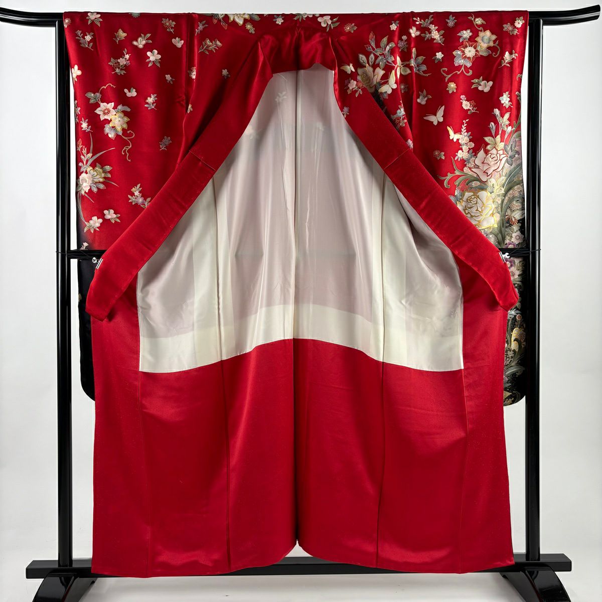 振袖禮服 身長159cm 袖長64.5cm M 雙層 薔薇 蝶 金絲 金銀彩 紅 純蠶絲 名品級