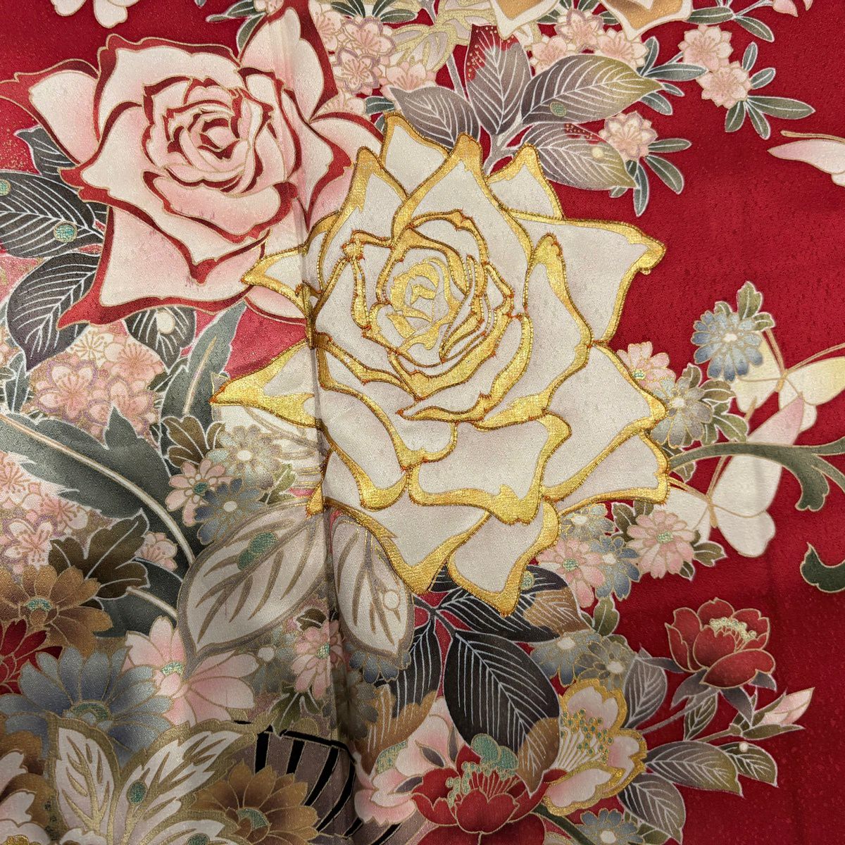 振袖禮服 身長159cm 袖長64.5cm M 雙層 薔薇 蝶 金絲 金銀彩 紅 純蠶絲 名品級
