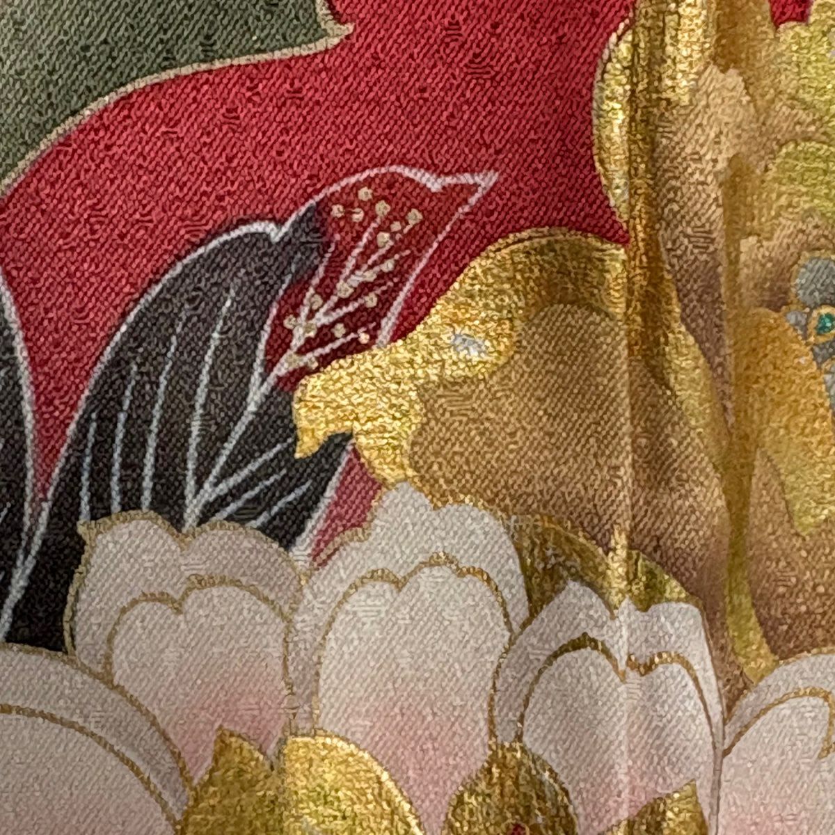 振袖禮服 身長159cm 袖長64.5cm M 雙層 薔薇 蝶 金絲 金銀彩 紅 純蠶絲 名品級