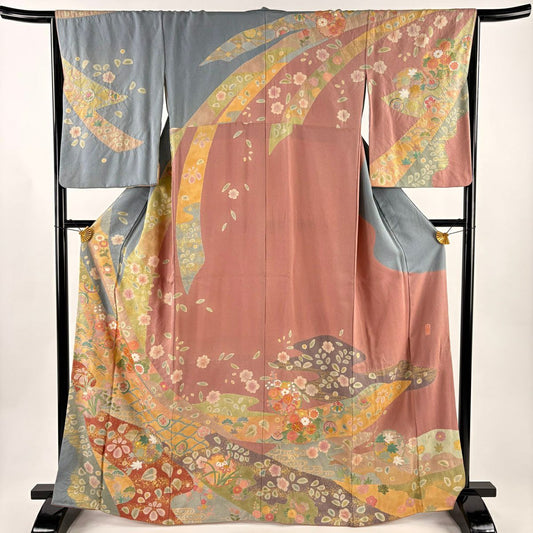 訪問服 身長166cm 袖長66cm M 雙層 落款あり 雪輪 草花紋 金絲 金銀彩 小豆 純蠶絲 名品級