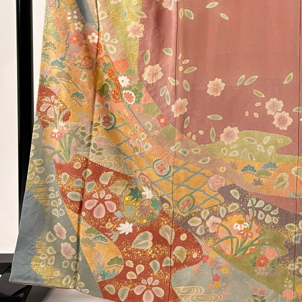 訪問服 身長166cm 袖長66cm M 雙層 落款あり 雪輪 草花紋 金絲 金銀彩 小豆 純蠶絲 名品級