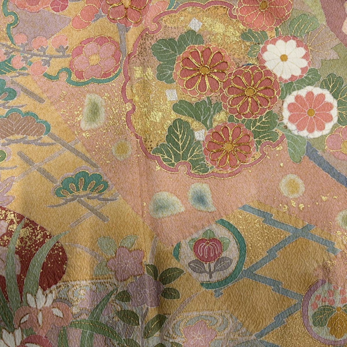 訪問服 身長166cm 袖長66cm M 雙層 落款あり 雪輪 草花紋 金絲 金銀彩 小豆 純蠶絲 名品級