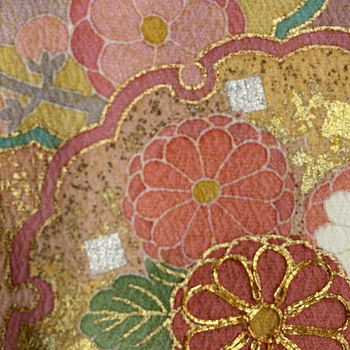 訪問服 身長166cm 袖長66cm M 雙層 落款あり 雪輪 草花紋 金絲 金銀彩 小豆 純蠶絲 名品級