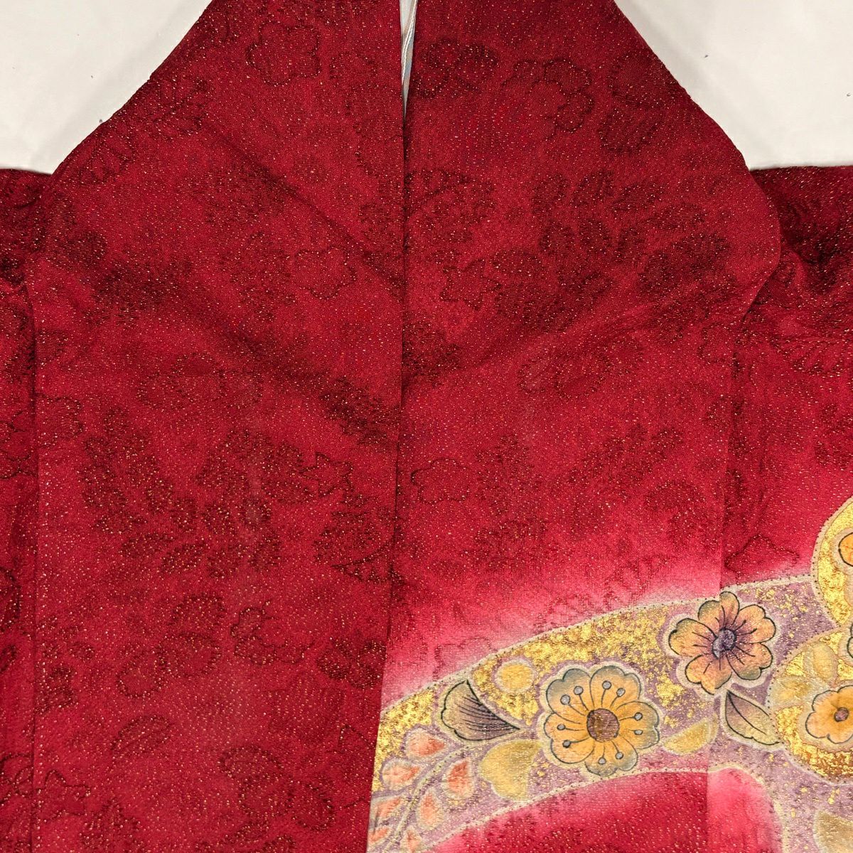 振袖禮服 身長168cm 袖長67cm M 雙層 辻花染 流水 金通 金銀彩 紅 純蠶絲 名品級