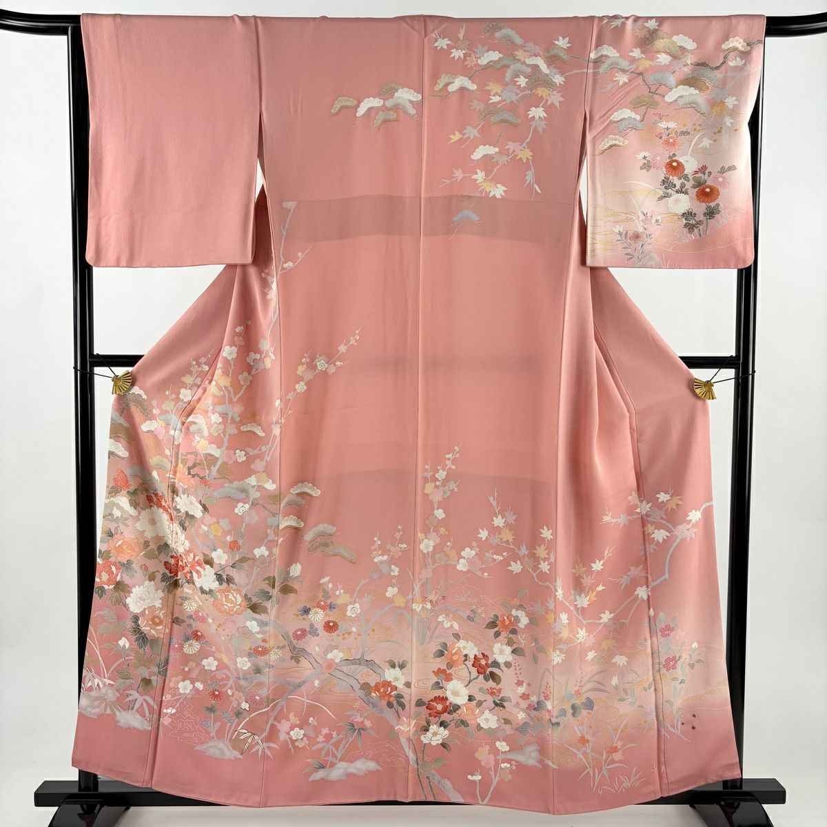 訪問服 身長158.5cm 袖長65.5cm M 雙層 松樹竹子梅花 牡丹 金銀彩 漸層 粉紅 純蠶絲 名品級