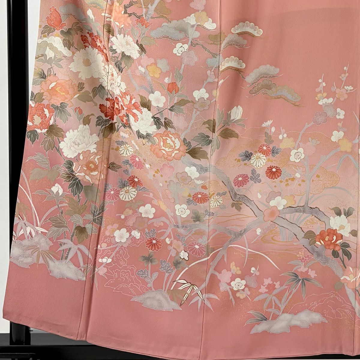 訪問服 身長158.5cm 袖長65.5cm M 雙層 松樹竹子梅花 牡丹 金銀彩 漸層 粉紅 純蠶絲 名品級