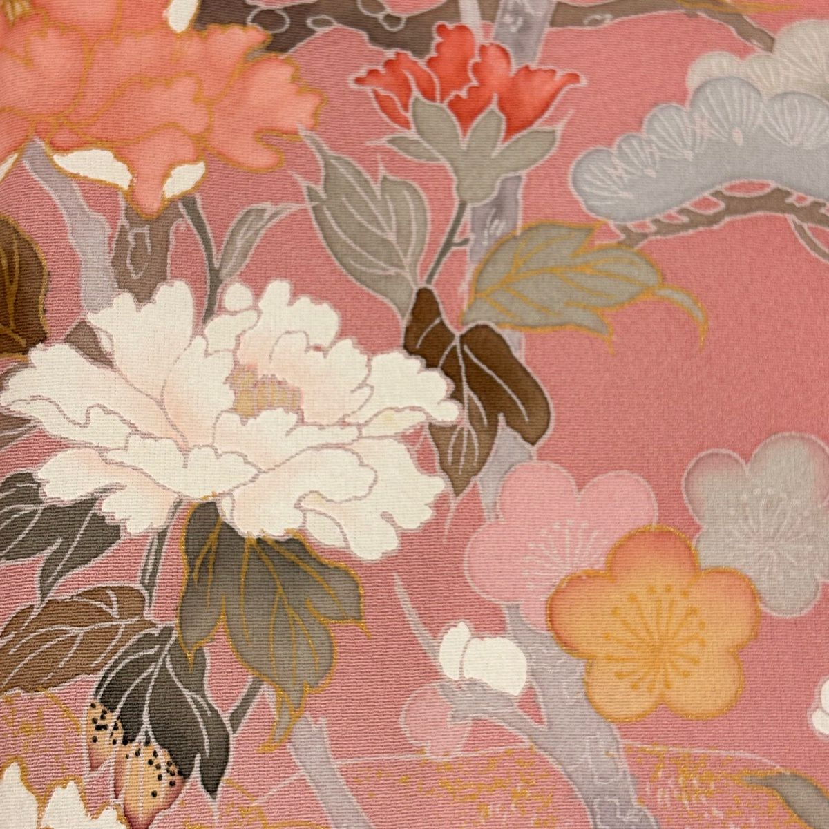訪問服 身長158.5cm 袖長65.5cm M 雙層 松樹竹子梅花 牡丹 金銀彩 漸層 粉紅 純蠶絲 名品級