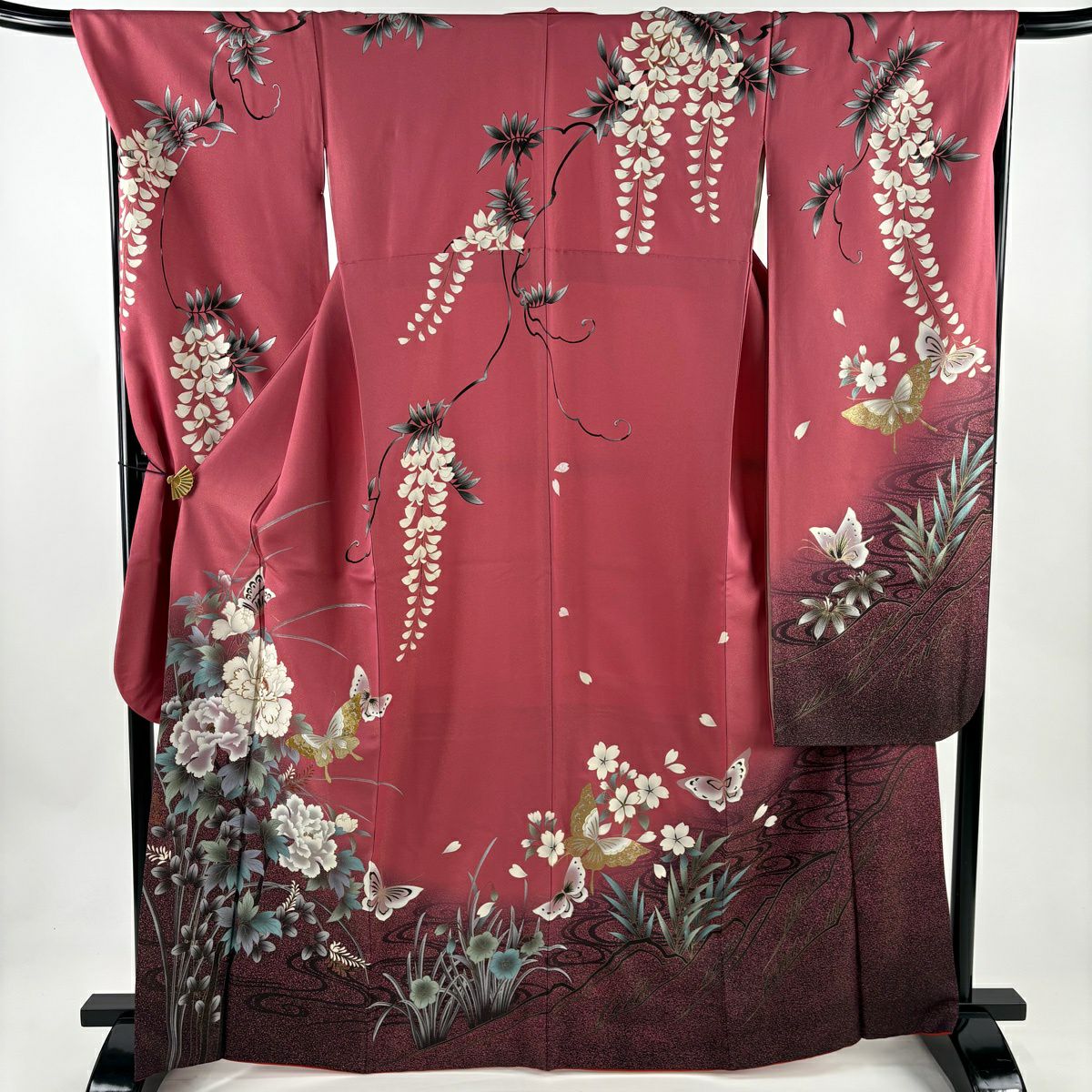 振袖禮服 身長166.5cm 袖長69.5cm L 雙層 蝶 牡丹 金通 金銀彩 粉紅 純蠶絲 名品級