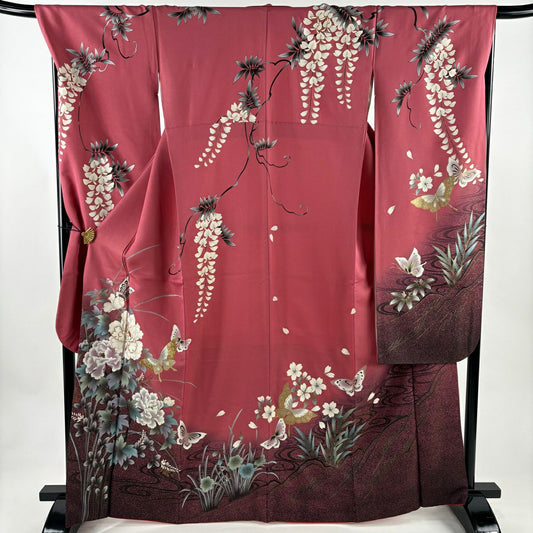 振袖禮服 身長166.5cm 袖長69.5cm L 雙層 蝶 牡丹 金通 金銀彩 粉紅 純蠶絲 名品級