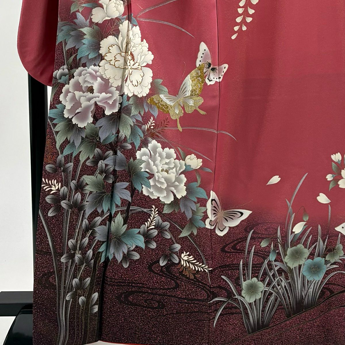 振袖禮服 身長166.5cm 袖長69.5cm L 雙層 蝶 牡丹 金通 金銀彩 粉紅 純蠶絲 名品級