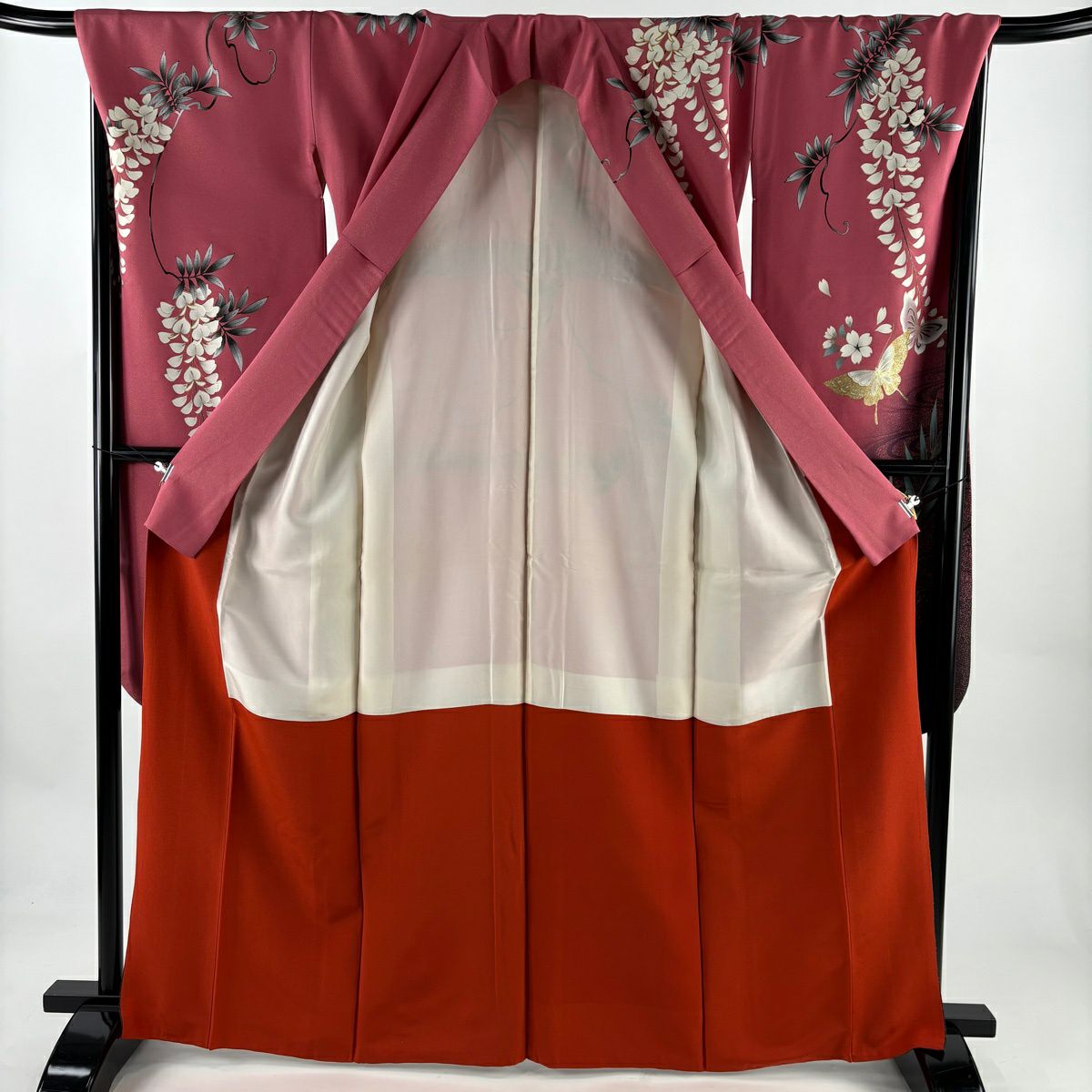 振袖禮服 身長166.5cm 袖長69.5cm L 雙層 蝶 牡丹 金通 金銀彩 粉紅 純蠶絲 名品級