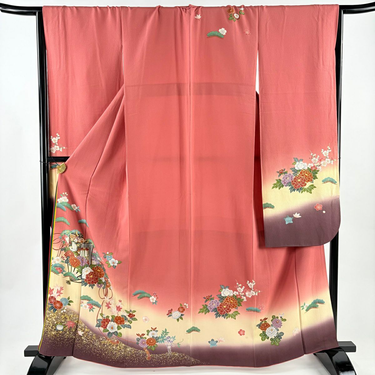 【美品】振袖禮服 身長163cm 袖長66.5cm M 雙層 花扇子 松樹 金銀彩 漸層 粉色 純蠶絲 名品級