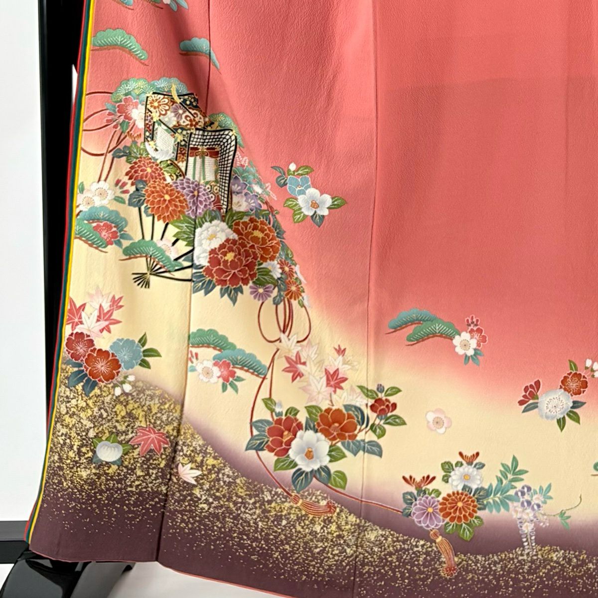 【美品】振袖禮服 身長163cm 袖長66.5cm M 雙層 花扇子 松樹 金銀彩 漸層 粉色 純蠶絲 名品級
