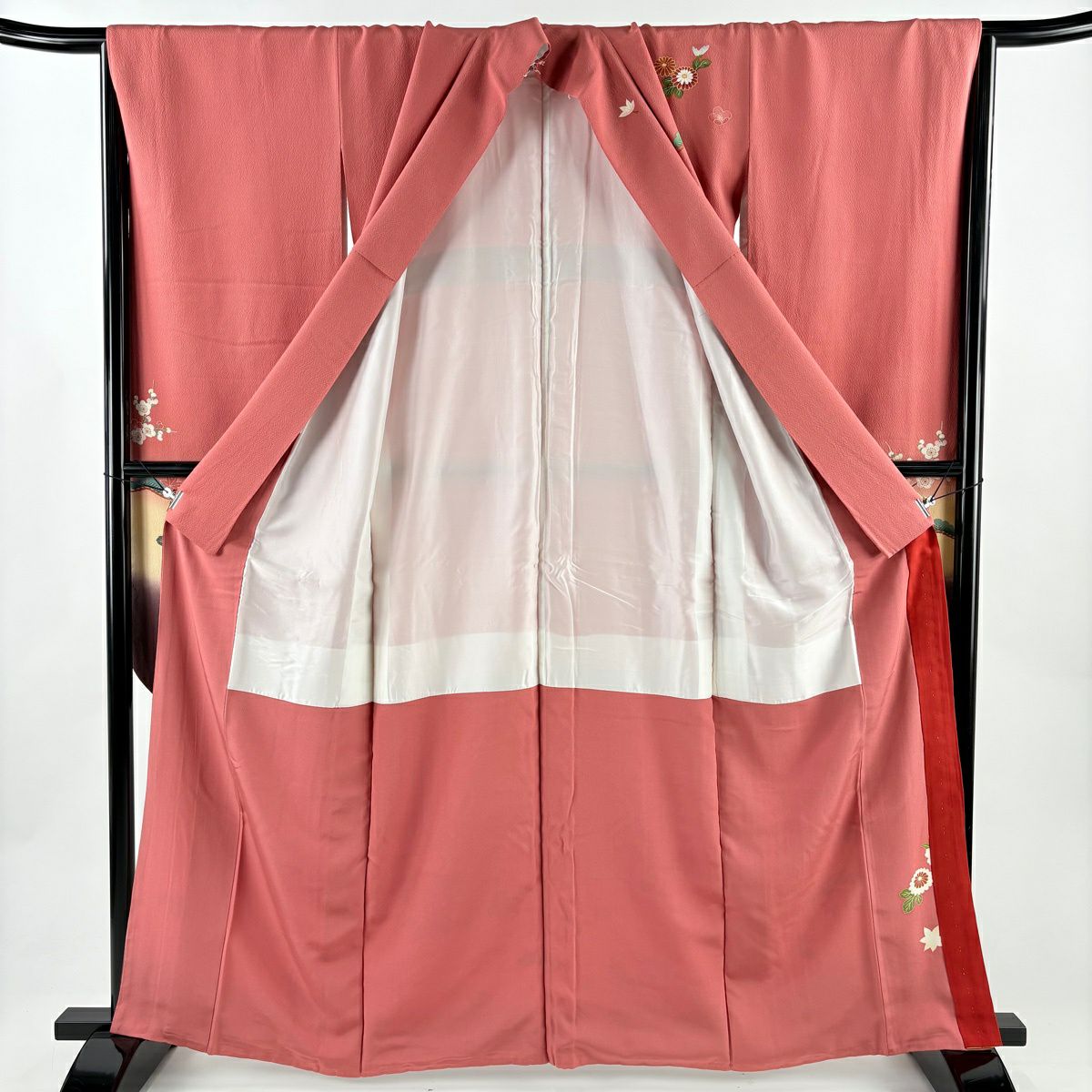 【美品】振袖禮服 身長163cm 袖長66.5cm M 雙層 花扇子 松樹 金銀彩 漸層 粉色 純蠶絲 名品級